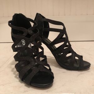 Aldo black glitter leather cage heels, sz 7.